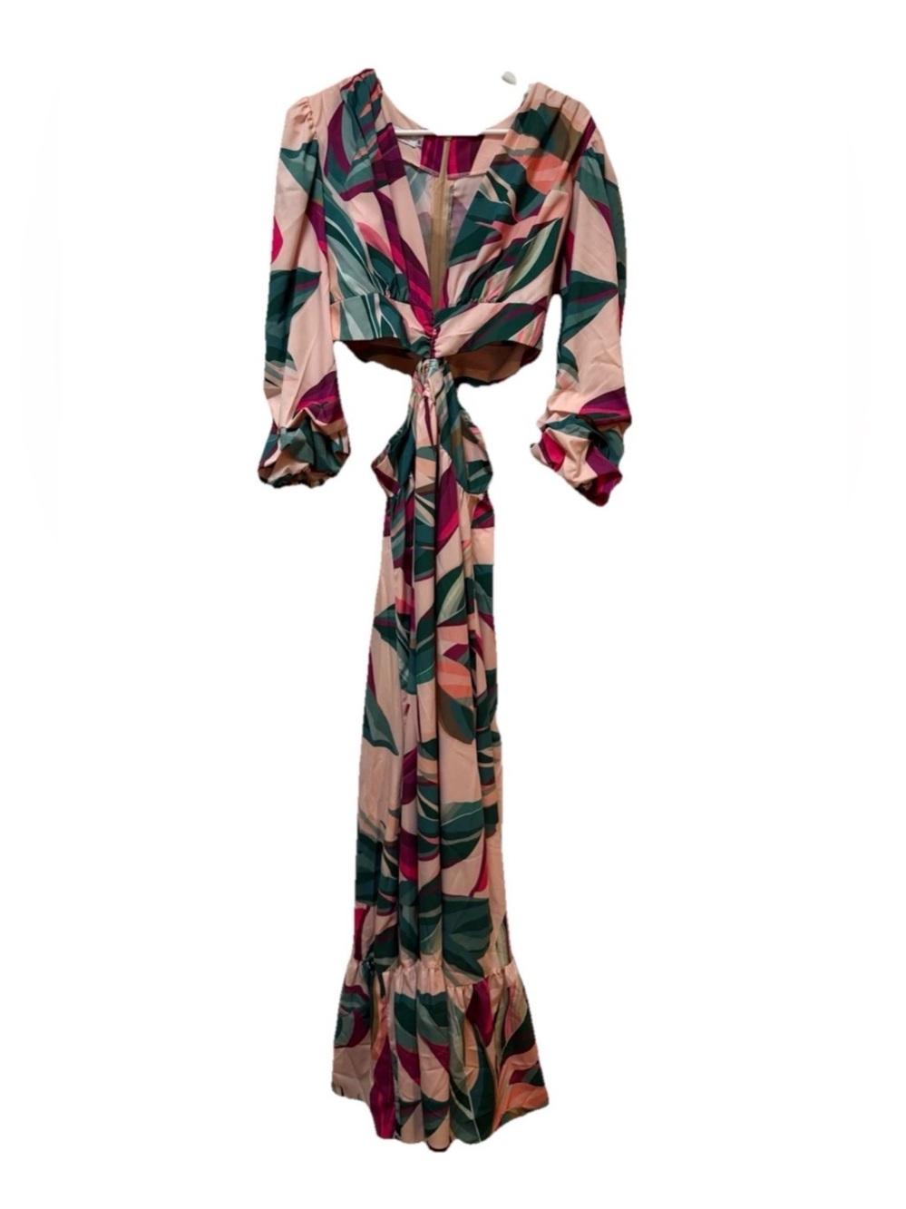 Summer Tropical Floral Resort Side Cut Out Mesh V Neck Maxi Dress Ruffle Flowy M